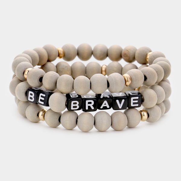 3PCS - BE BRAVE Wood Ball Layered Stretch Bracelets