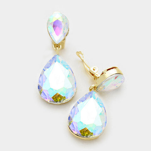 Monica Crystal Double Teardrop Clip On Earrings