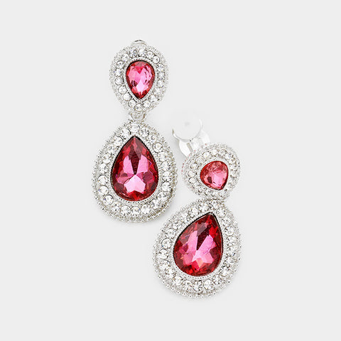 Ada Double Fuschia Crystal Teardrop Clip on Earrings