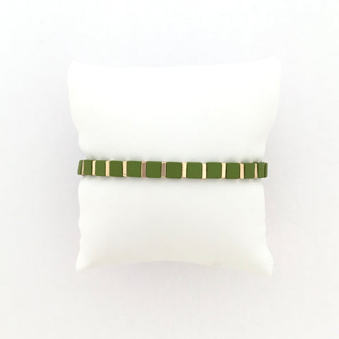 Metal Bead Block Bracelet (Lime Green, Light Brown, Blue)