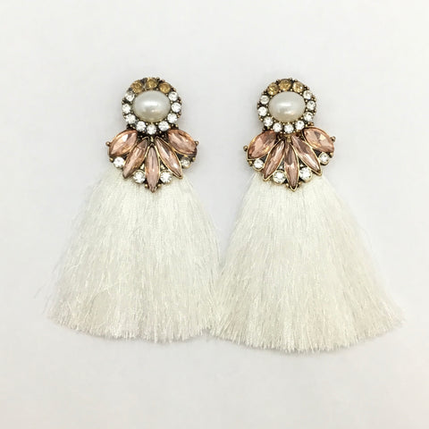 Light Pink Rhinestone with White Tassel Earrings