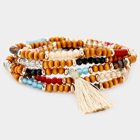 Wood Bead Tassel Stretch Wrap Bracelet